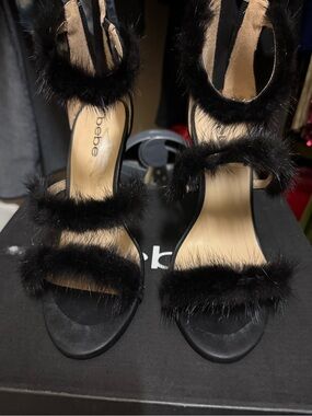 bebe Black Faux Fur Strappy High Heels
